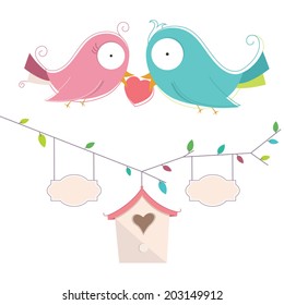 Vector Illustration Of Two Cute Birds In Love Wedding Card