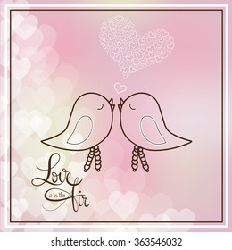 Vector illustration of two cute birds in love on glossy hearts decorated background for Happy Valentine's Day celebration. Happy valentines day card. Beautiful lettering with "Love is in the air". 