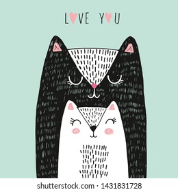 Vector illustration of two cute black and white cats for mother's day, father's day or valentine's day, hand drawn greeting card with cats in love with lettering love you svg