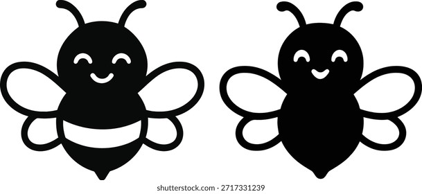Vector illustration two cute black bee silhouettes with smiling faces on isolated