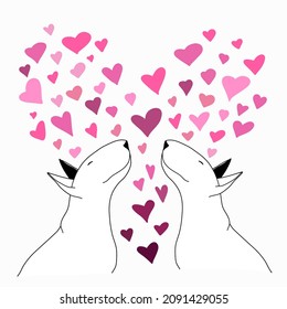 vector illustration of two cute bull terriers on the background of the heart. Valentine's Day. perfect for an image on a postcard, decor, print