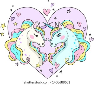 Vector illustration of two cute cartoon unicorns with pink heart on background