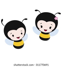 Vector illustration of two cute cartoon bees. Flat color, no transparency