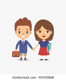 Vector illustration of two cute cartoon school friends in uniform - boy and girl -  holding hands