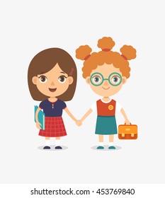 Vector illustration of two cute cartoon school friends in uniform holding hands.