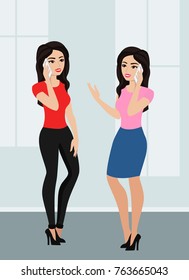 Vector illustration of two cute cartoon girls using a cell phone. Women are talking by mobile phone in flat style.