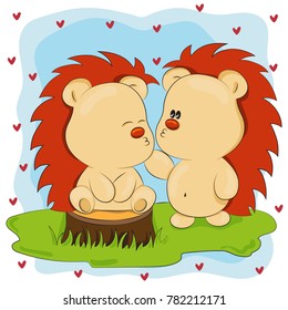 Vector illustration of two cute cartoon hedgehogs isolated on transparent background. postcard, kids fashion, patch, print or sticker design