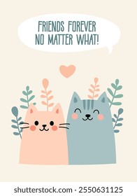 Vector Illustration of Two Cute Cats with 'Friends Forever' Message - Perfect for Greeting Cards, Posters, and Social Media Graphics