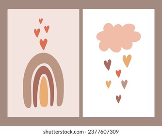 Vector illustration. Two cute children's posters with rainbow, hearts and cloud. Scandinavian style, nursery decoration.