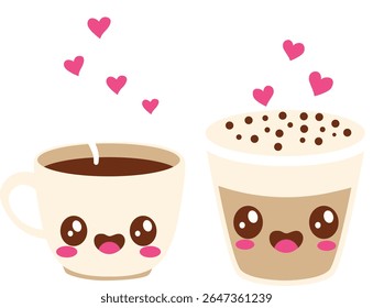 Vector illustration of two cute coffee cups with smiling faces and floating pink hearts, perfect for Valentine, romance, and love themes.