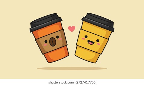 Ilustración vectorial de dos tazas de café lindas en el amor. Adorables personajes kawaii con caras felices y un corazón entre ellos sobre un fondo liso.