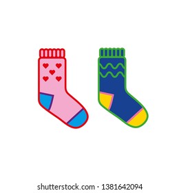 Vector illustration of two cute colorful socks. White background.