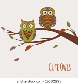 Vector illustration of two cute colorful owls sitting on a branch