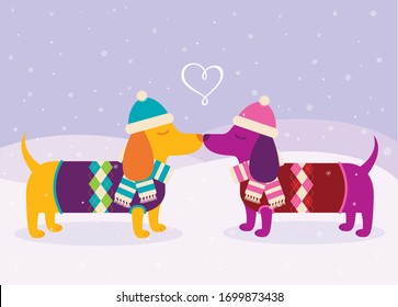 A vector illustration of two cute dachshund dogs in love kissing wearing sweaters and hats in a snowy landscape