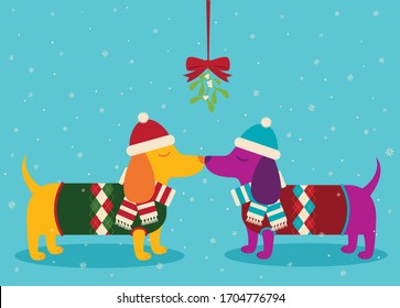 A vector illustration of two cute Dachshund wiener dogs wearing sweaters and kissing in the snow under mistletoe.