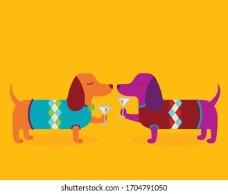 A vector illustration of two cute dapper dachshund wiener dogs wearing sweaters and drinking martinis at happy hour