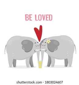 Vector illustration of two cute elephants in love drinking lemonade together. Card design for st valentine day with text