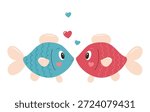 Vector illustration of two cute fish facing each other with hearts. Romantic flat design for Valentines Day, love couple, relationship and romantic greeting concept, isolated on white background.