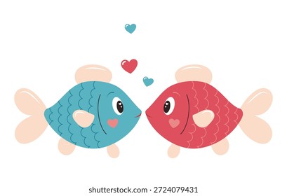 Ilustração vetorial de dois peixes bonitos de frente um para o outro com corações. Projeto plano romântico para o Dia dos Namorados, casal de amor, relacionamento e conceito de saudação romântica, isolado no fundo branco.