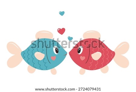 Vector illustration of two cute fish facing each other with hearts. Romantic flat design for Valentines Day, love couple, relationship and romantic greeting concept, isolated on white background.