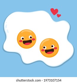 Vector illustration of two cute fried egg yolk cartoon characters happy united in love