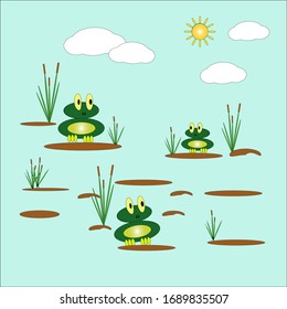 Vector illustration with two cute funny frogs sitting on tussocks in a pond, among reeds against the background of the sky and the sun. Flat design