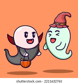 Vector illustration of two cute ghosts wearing custom on halloween party