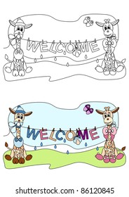 vector illustration of two cute giraffes stylized like newborn babies holding washing line with text "WELCOME" - coloring book for children