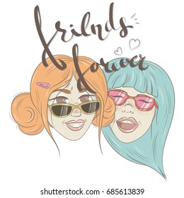Vector illustration with two cute girlfriends. Hand-written lettering "Friends forever". Illustration for International Friendship Day