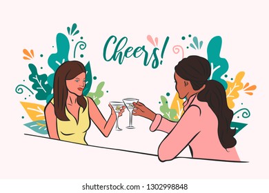 Vector illustration with two cute girls siting in a bar.greeting card with floral elements at the background.couple drinking a cocktail.