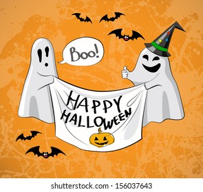 Vector illustration with two cute Halloween ghost who hold a poster that says "Happy Halloween". The layers of illustration are organized and signed. Orange textured grunge background