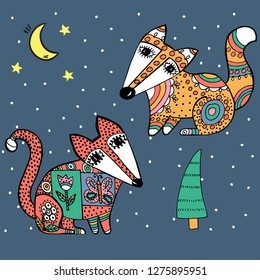 Vector illustration of two cute hand drawn cartoon stylized polka dot patchwork foxes, Christmas tree, snowy winter night, moon, stars, snowflakes, doodle art, hand made