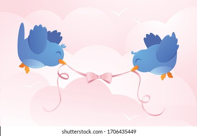 A vector illustration of two cute happy blue birds holding a pink ribbon in a sky with pink clouds