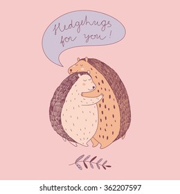 vector illustration with two cute hugging hedgehogs