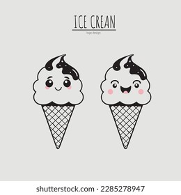 Vector illustration of two cute ice creams, logo design of an ice cream shop, cute and happy icecream logo.