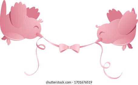 A vector illustration of two cute isolated pink birds holding up a pink ribbon with a bow