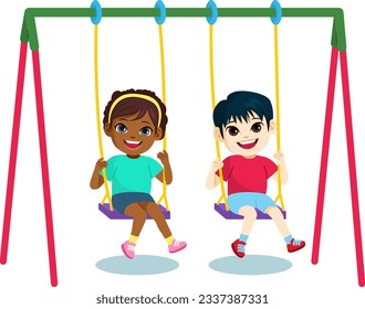 Vector illustration of two cute little children playing together on swing. Happy kids on leisure activity concept