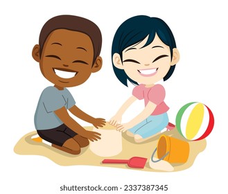 Vector illustration of two cute little children playing in sandbox cartoon style. Kids having fun at the park