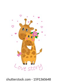 Vector illustration of two cute loving giraffes , children's print on clothes.