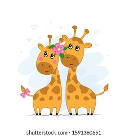 Vector illustration of two cute loving giraffes. Isolated objects on white background. Children's print on clothes