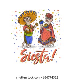 Vector illustration with two cute Meerkats in national costumes. Siesta! Holiday poster, banner, greeting card