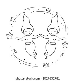 vector illustration of two cute mermaids for coloring