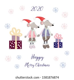 Vector illustration of two cute mice and gifts on a background of snowflakes.Symbol of 2020 year.
