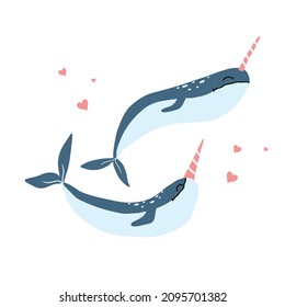 Vector illustration of two cute narwhals with hearts. Cute poster with two grooved piles. Decoration for the nursery.