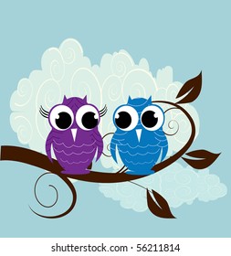 Vector illustration of two  cute owl