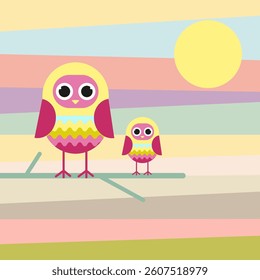 Vector illustration of two cute owls, one large and one small, perched on a branch with a colorful sunset background featuring a yellow sun and pastel stripes.
