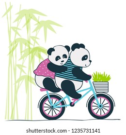 vector illustration of two cute Panda bear riding a bike,couple in love on a Bicycle,cartoon design