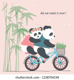 vector illustration of two cute Panda bear riding a bike,couple in love on a Bicycle,cartoon design
