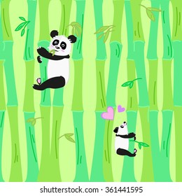 Vector illustration two cute panda bears on green bamboo