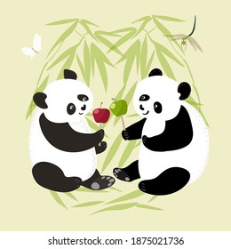 Vector illustration with two cute pandas. Enamored pandas with caramel apples under the bamboo. Valentines Day. 